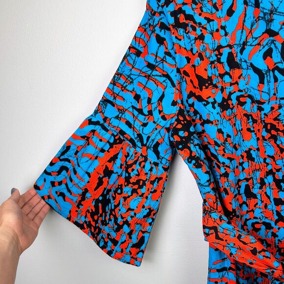 The OULA Company Tie Front Split Neck Dress Blue Orange Print Bell Sleeves S EUC - Picture 3 of 12